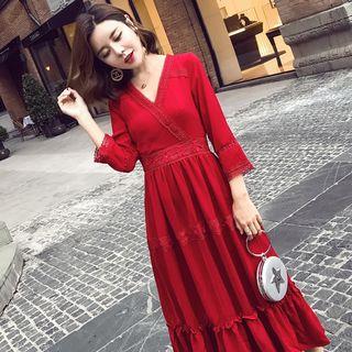 Lace Trim 3/4-sleeve Midi Dress
