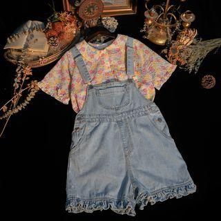 Short-sleeve Floral Print Blouse / Denim Jumper Shorts