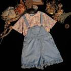 Short-sleeve Floral Print Blouse / Denim Jumper Shorts