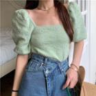 Puff-sleeve Plain Cropped Blouse Light Green - One Size