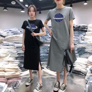 Sequined Short-sleeve Midi T-shirt Dress