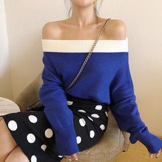 Color-block Off-shoulder Long-sleeve Sweater