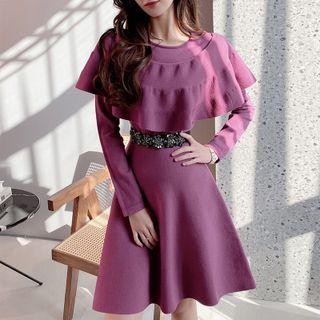 Long-sleeve Frill Trim Embellished Midi A-line Dress