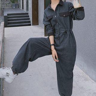 Color Panel Lapel Single-breasted Jumpsuit