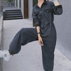 Color Panel Lapel Single-breasted Jumpsuit