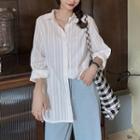 Long-sleeve Loose-fit Striped Blouse White - One Size