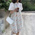 Puff-sleeve Lace Trim Blouse / Flower Print Overall Dress