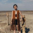 Tasseled Buttoned Cropped Vest Camel - One Size