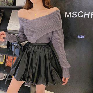 Cold-shoulder Knit Top / Mini A-line Faux Leather Skirt