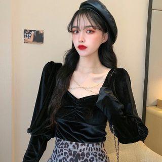 Long-sleeve Chain Cross Strap Ruched Velvet Top