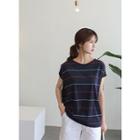 Cap-sleeve Striped Cotton Long T-shirt