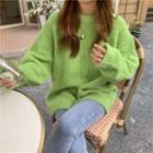 Plain Crew-neck Loose-fit Sweater Green - One Size