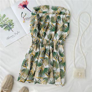 Leaf Print Slim-cut Strapless Playsuit