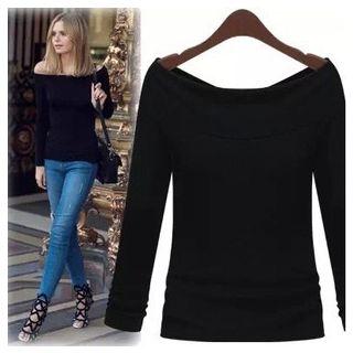 Off-shoulder Long-sleeved Cotton Slim T-shirt