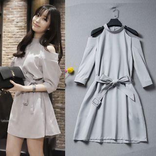 3/4-sleeve Cold Shoulder Tie-waist Mini A-line Dress