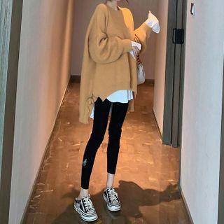 Plain Loose-fit Dip Back Maxi Sweater