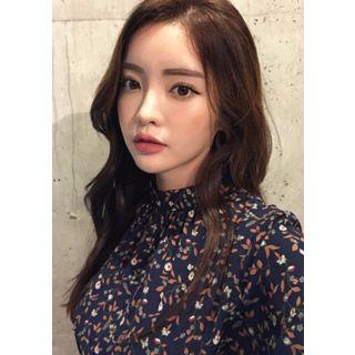 High-neck Gathered-waist Floral Dress