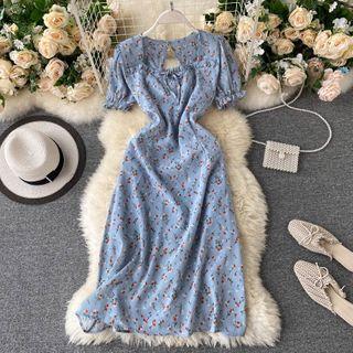 Floral Ruffle Trim Cutout Short-sleeve Midi A-line Dress