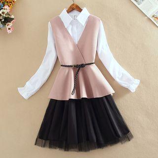 Set: V-neck Knit Vest + Mesh Panel Long-sleeve A-line Dress