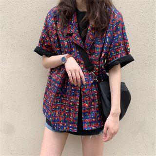 Short-sleeve Plaid Shirt Plaid - Blue & Red & Yellow - One Size