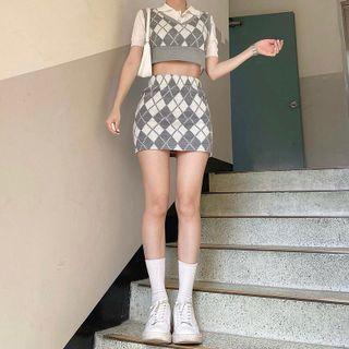 Set: Argyle Print Vest + High Waist Miniskirt