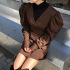 V-neck Balloon-sleeve Wrap A-line Dress