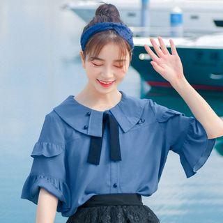 Letter Embroidered Elbow-sleeve Blouse