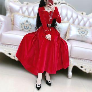 Embellished Bell-sleeve A-line Midi Velvet Dress