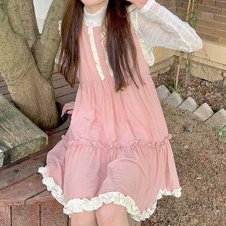 Mock-neck Long-sleeve Lace Top / Ruffled Overall Dress