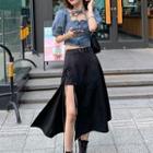 Puff Sleeve Square Neck Denim Zip Cropped Top / Slit A-line Skirt