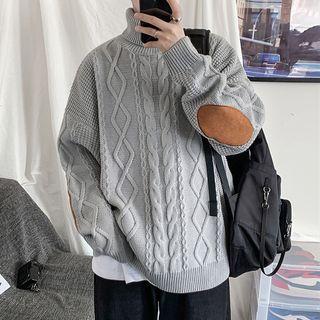 Patched Turtleneck Cable-knit Oversize Sweater