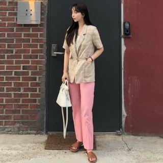 Plaid Short-sleeve Blazer / Plain Pants