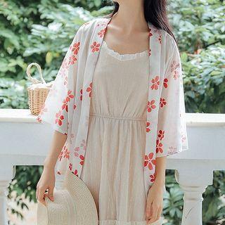 Flower Print 3/4-sleeve Open Front Chiffon Jacket