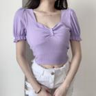 Puff-sleeve Ruched Square-neck Cropped Top