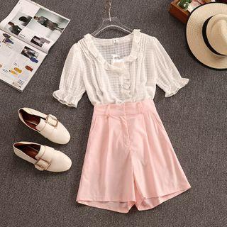 Set: Plaid Short-sleeve Blouse + High-waist Shorts