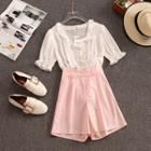 Set: Plaid Short-sleeve Blouse + High-waist Shorts