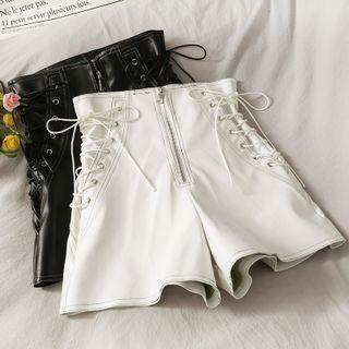 Lace Up-side Zipper High-waist Stitched Leather Shorts