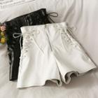 Lace Up-side Zipper High-waist Stitched Leather Shorts