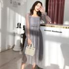 Long-sleeve Smocked Midi A-line Mesh Dress