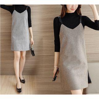 Set: Ribbed Knit Top + Buckled Jumper Dress