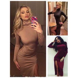Plain Long Sleeve Side Slit Midi Skirt