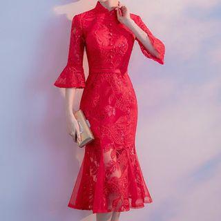 Embroidered Elbow-sleeve Mandarin Collar Cocktail Dress