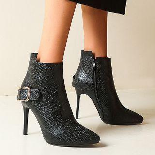 Stiletto Heel Snakeskin Print Buckled Short Boots