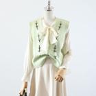 Flower Embroidered Button-up Sweater Vest / Tie-neck Blouse