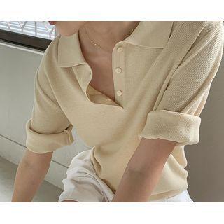 [dearest] Elbow-sleeve Knit Polo Shirt Beige - One Size