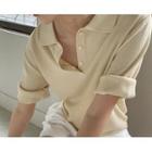 [dearest] Elbow-sleeve Knit Polo Shirt Beige - One Size
