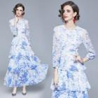 3/4-sleeve Dye Print Maxi Tiered Dress
