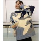 Retro Color Block Jacquard Wide Thick External Long-sleeve Knit Sweater