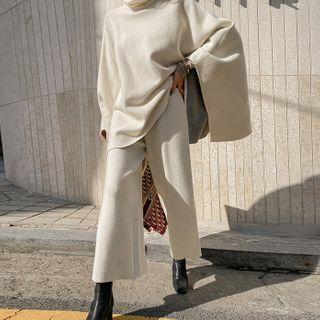 Turtleneck Poncho & Wide Pants Knit Set