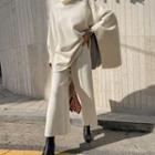 Turtleneck Poncho & Wide Pants Knit Set